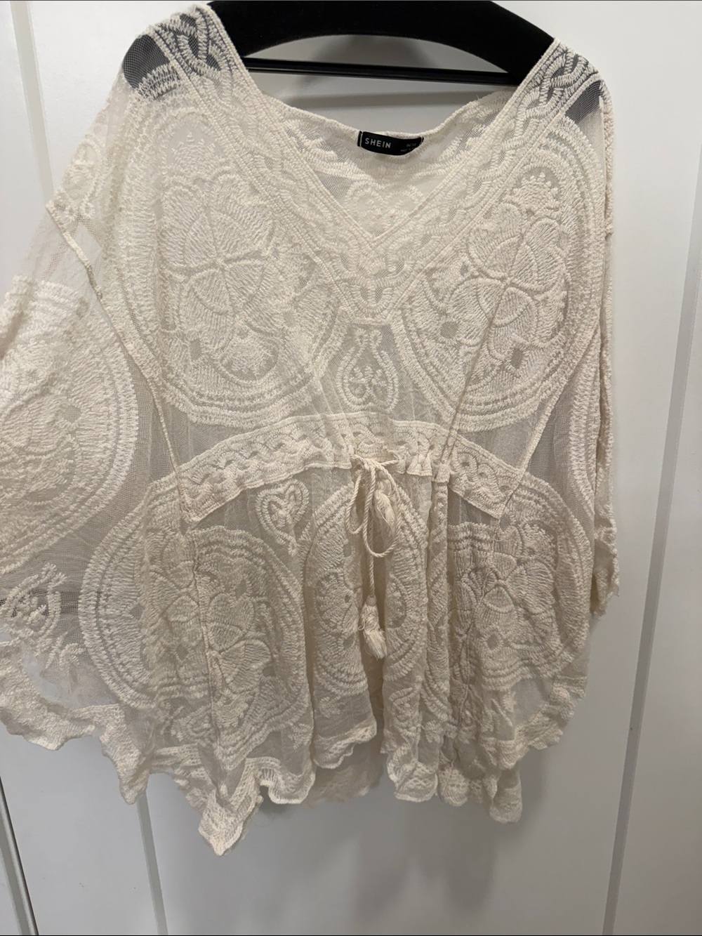 SHEIN Cream Crochet Boho Tie-Front Tunic Top
